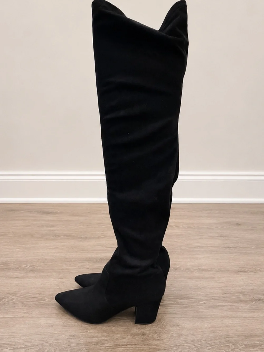 Steve Madden Larah Over-the-Knee Boots Black Stretch Knit Pointed Toe Block Heel